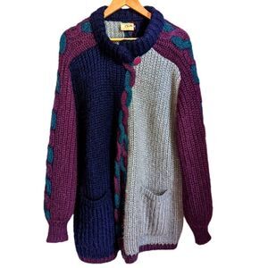 VINTAGE Jewel Tones Wool Open Front Oversized Chunky Cable Knit Cardigan…